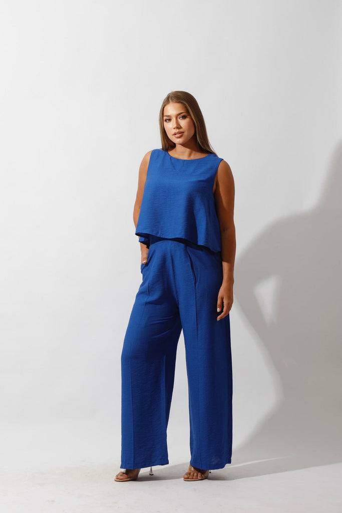 Sleeveless Tank Top & Wide Leg Pants Lounge Set - Royal Blue - GIFTSNY.US- Hushy Wear