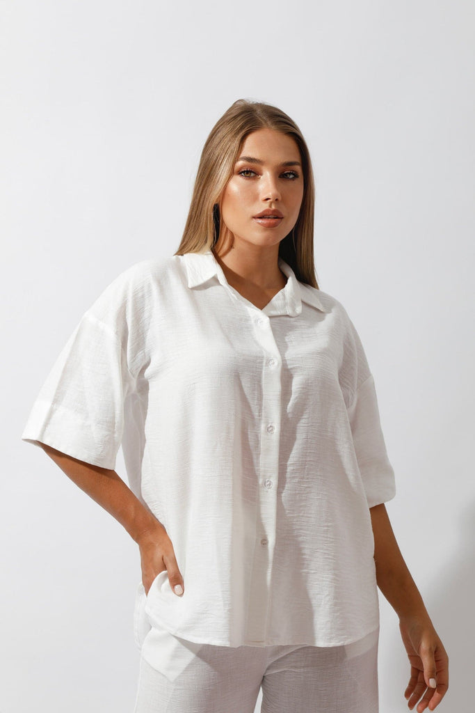 Shirt & Wide-Leg Pants Set - Offwhite - GIFTSNY.US- Hushy Wear