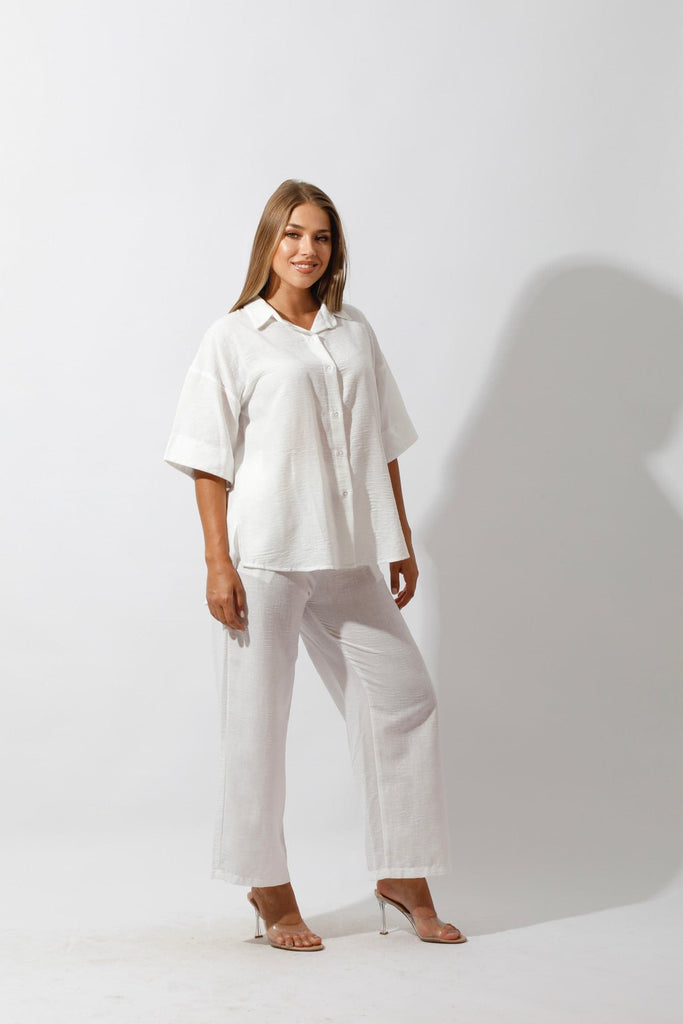 Shirt & Wide-Leg Pants Set - Offwhite - GIFTSNY.US- Hushy Wear