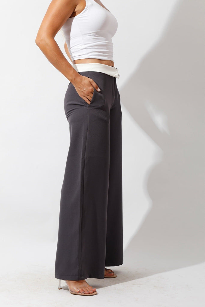 Reversed Waistband Wide Leg Pants - Gray - GIFTSNY.US- Hushy Wear