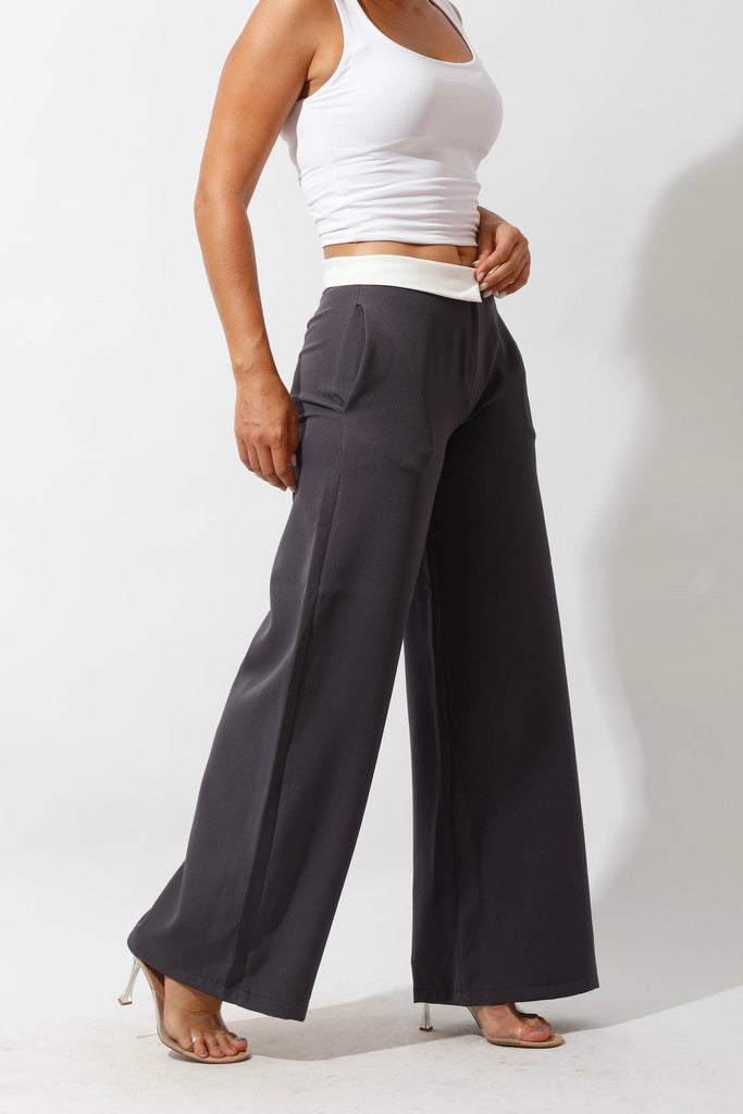 Reversed Waistband Wide Leg Pants - Gray - GIFTSNY.US- Hushy Wear