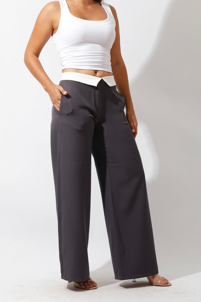 Reversed Waistband Wide Leg Pants - Gray - GIFTSNY.US- Hushy Wear