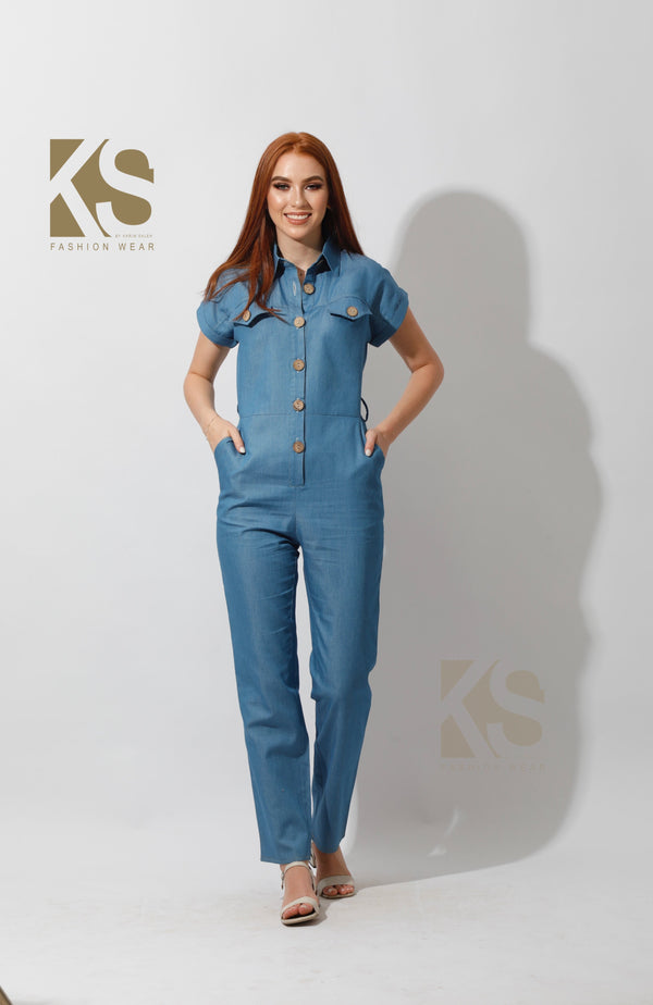 Buttons Jeans Jumpsuit - Blue - GIFTSNY.US- KS Fashion Wear