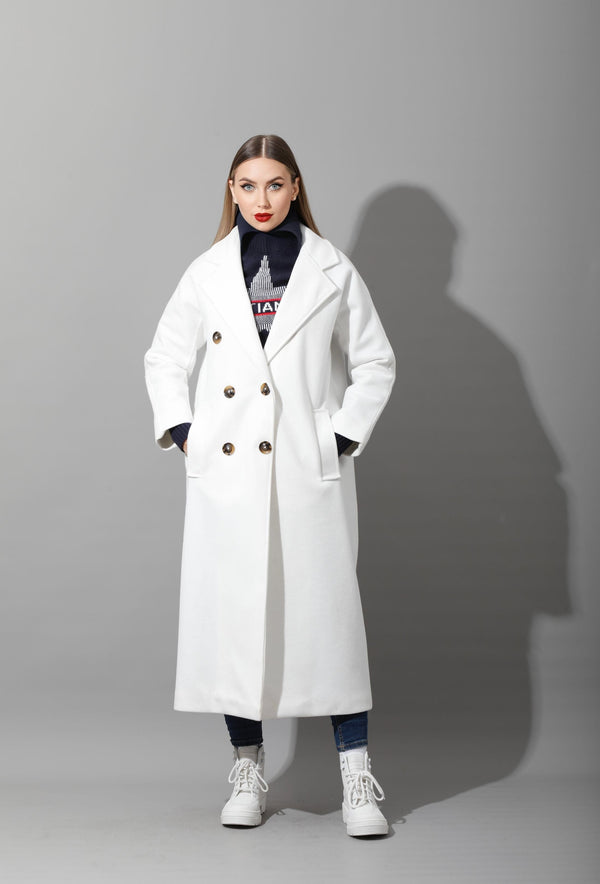 Long Double Breasted Coat - White - GIFTSNY.US- KS Fashion Wear
