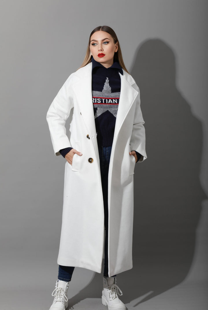 Long Double Breasted Coat - White - GIFTSNY.US- KS Fashion Wear