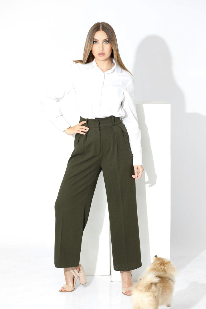 High Waist Trousers - Olive - GIFTSNY.US- KS Fashion Wear