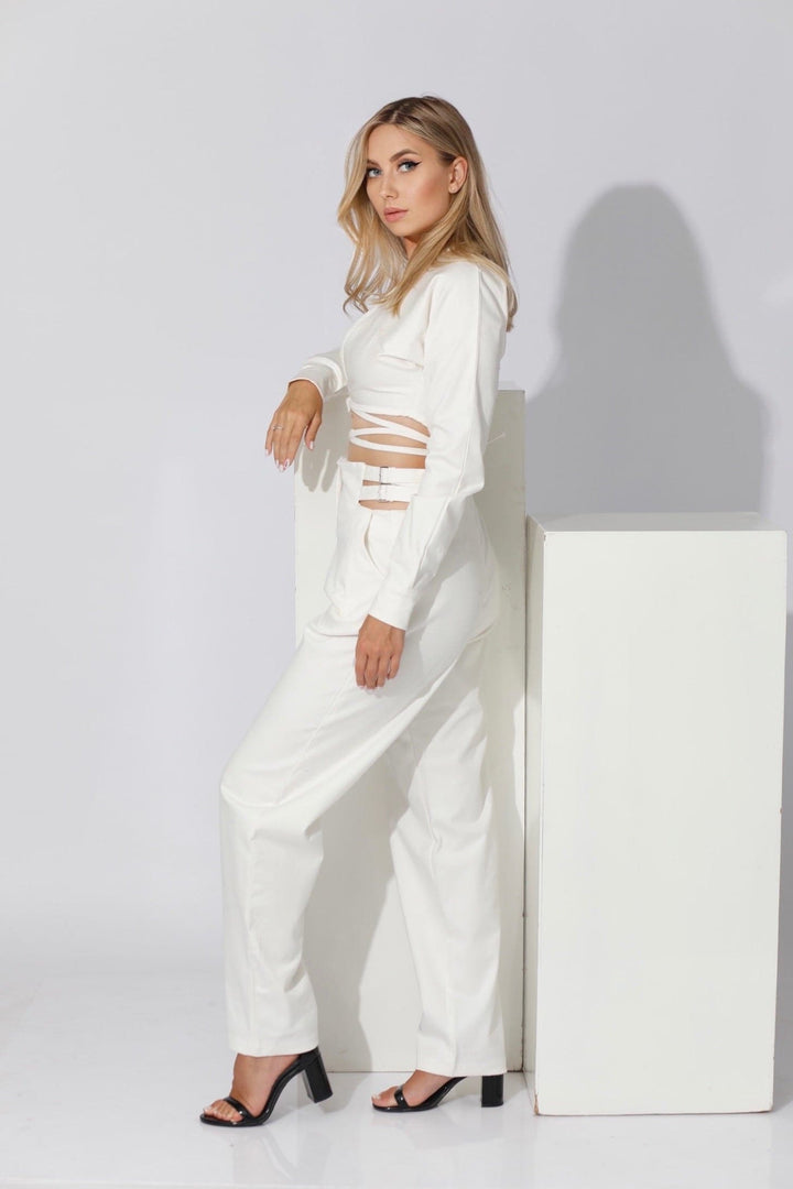 Co-ord Wrap Top & High Waist Pants - White - GIFTSNY.US- KS Fashion Wear