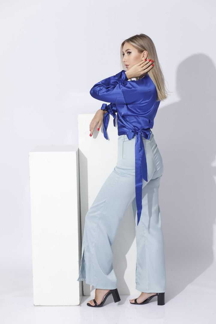 Wrap Tie Blouse - Electric Blue - GIFTSNY.US- KS Fashion Wear