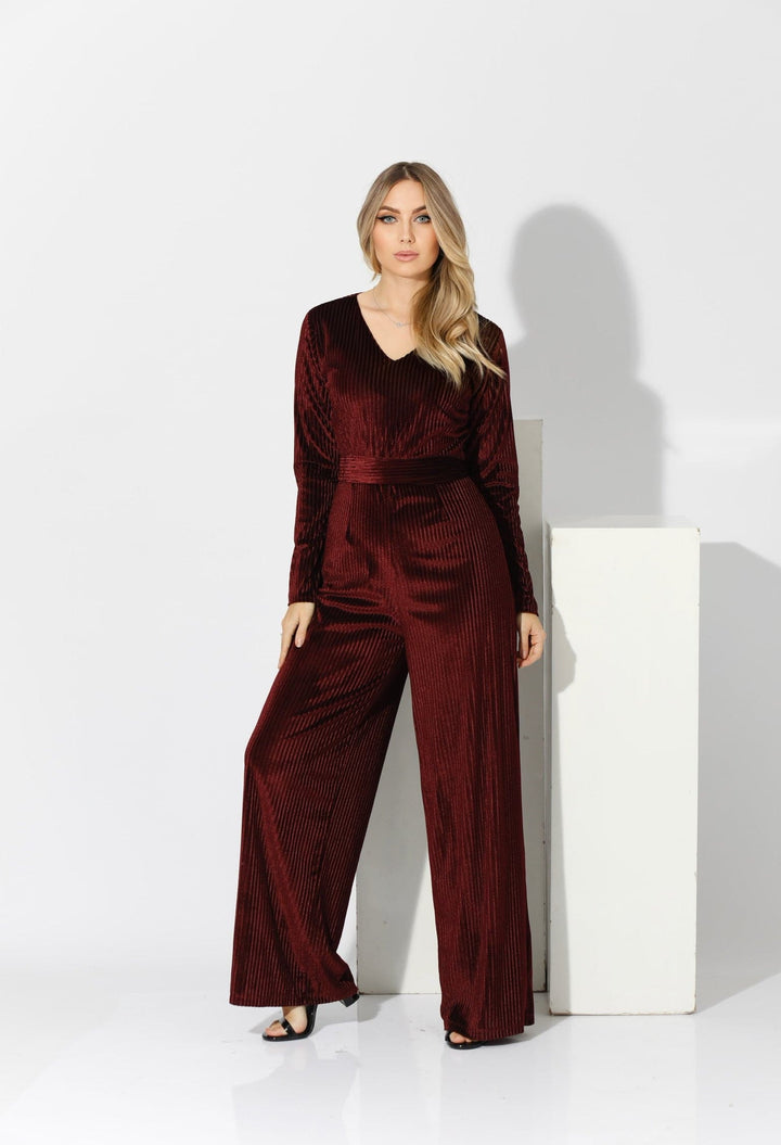 Striped Velvet wide leg Jumpsuit- Maroon - GIFTSNY.US- KS Fashion Wear