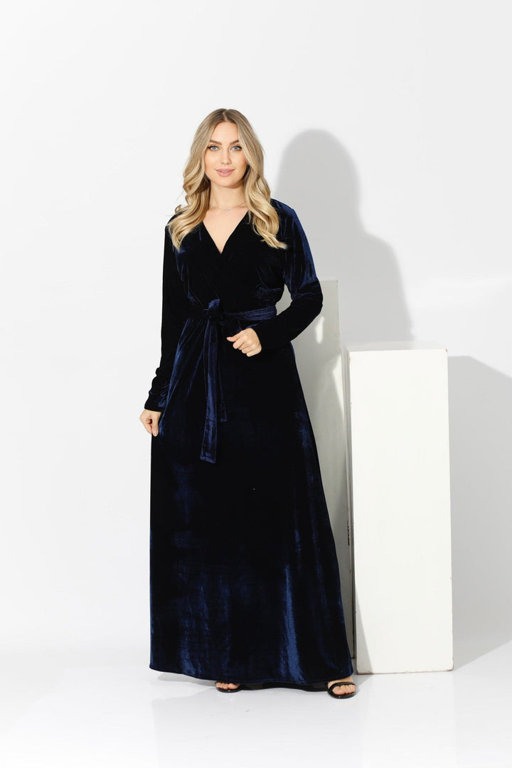 Velvet Wrap Maxi Dress - Navy - GIFTSNY.US- KS Fashion Wear