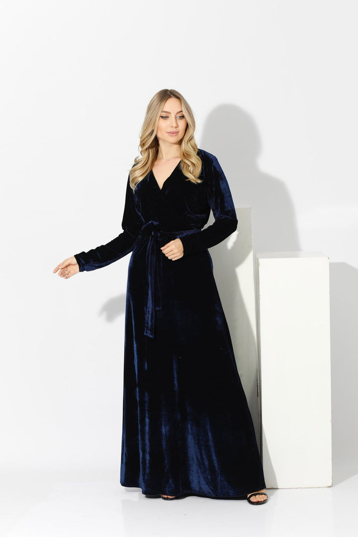 Velvet Wrap Maxi Dress - Navy - GIFTSNY.US- KS Fashion Wear
