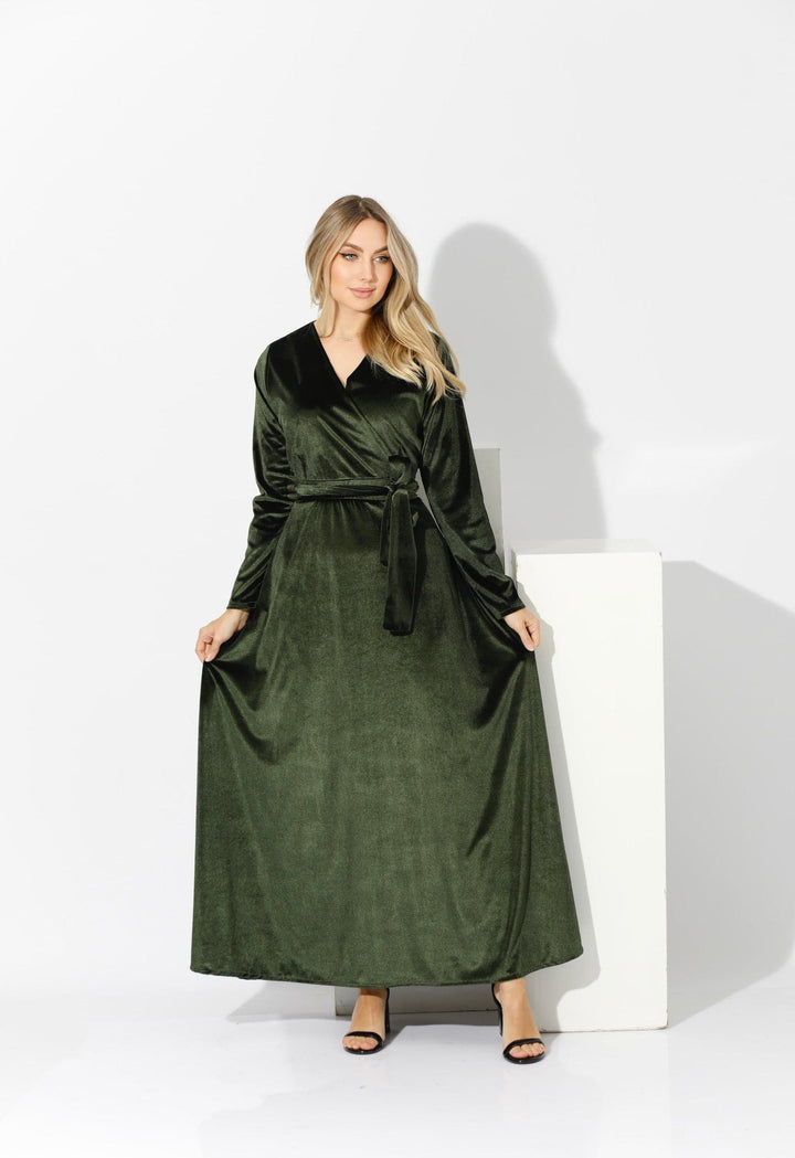 Velvet Wrap Maxi Dress - Olive - GIFTSNY.US- KS Fashion Wear