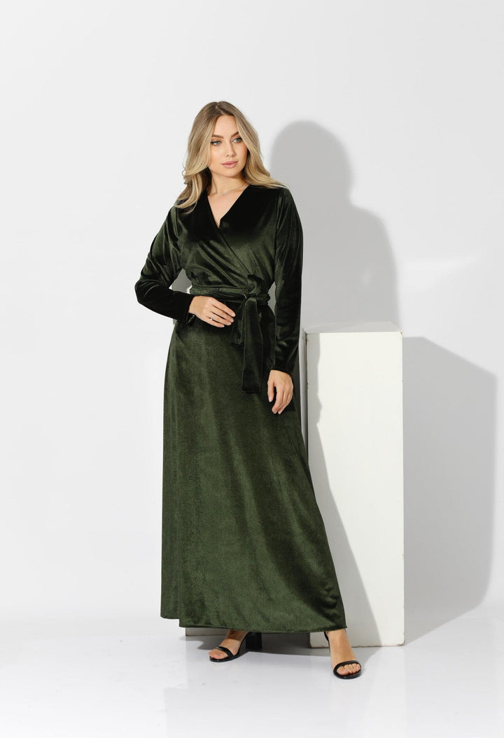 Velvet Wrap Maxi Dress - Olive - GIFTSNY.US- KS Fashion Wear