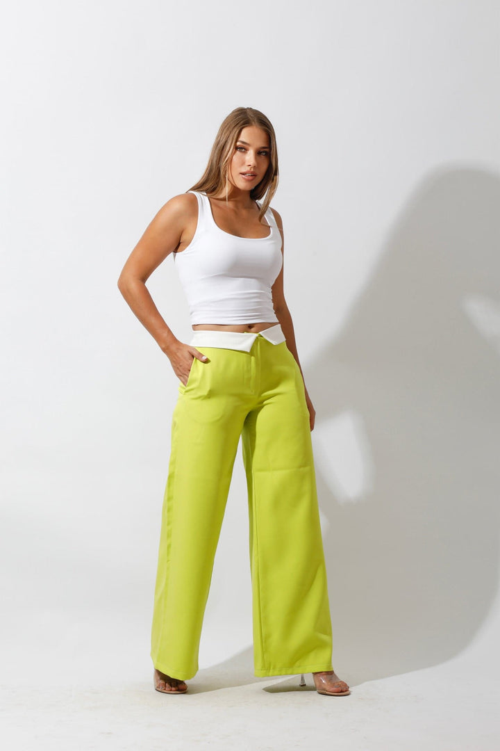 Reversed Waistband Wide Leg Pants - Lime Green - GIFTSNY.US- Hushy Wear