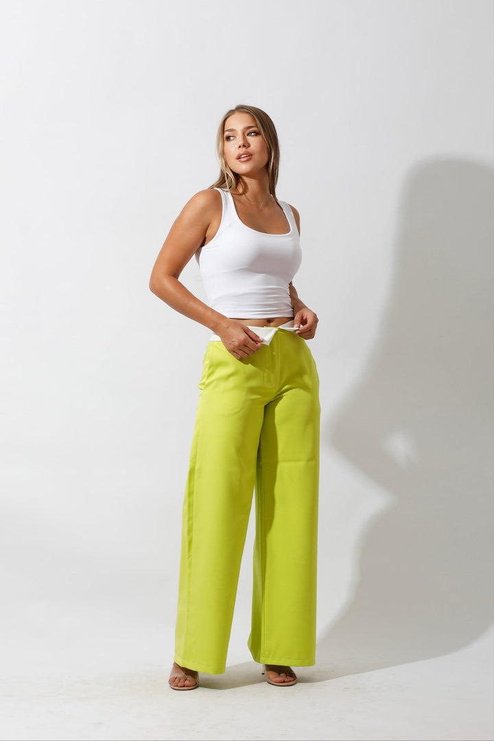 Reversed Waistband Wide Leg Pants - Lime Green - GIFTSNY.US- Hushy Wear