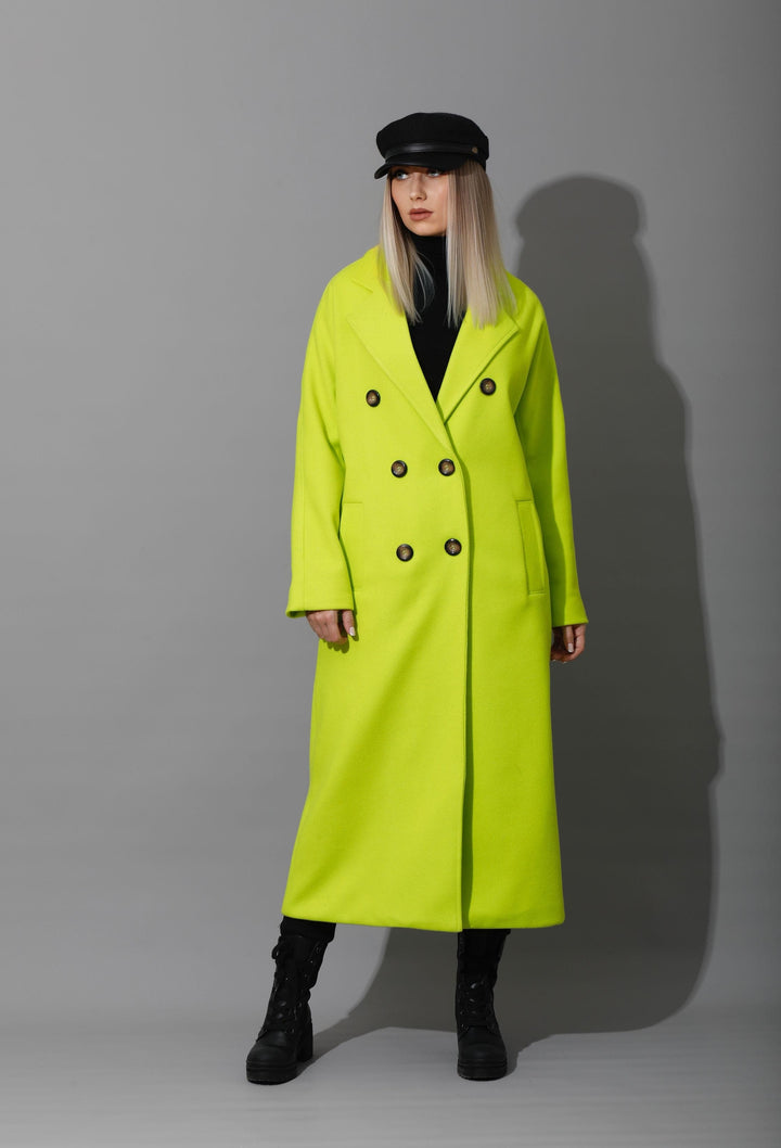 Long Double Breasted Coat - Lime Green - GIFTSNY.US- KS Fashion Wear