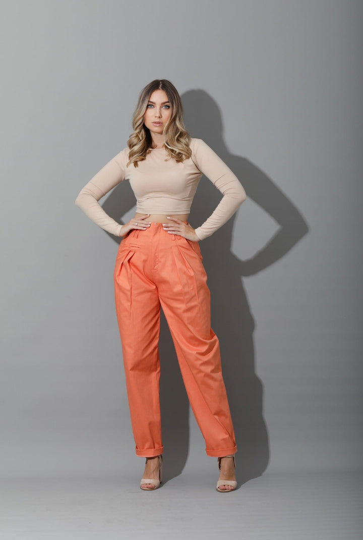 High Rise Paper-Bag Pants - Deep Saffron - GIFTSNY.US- KS Fashion Wear