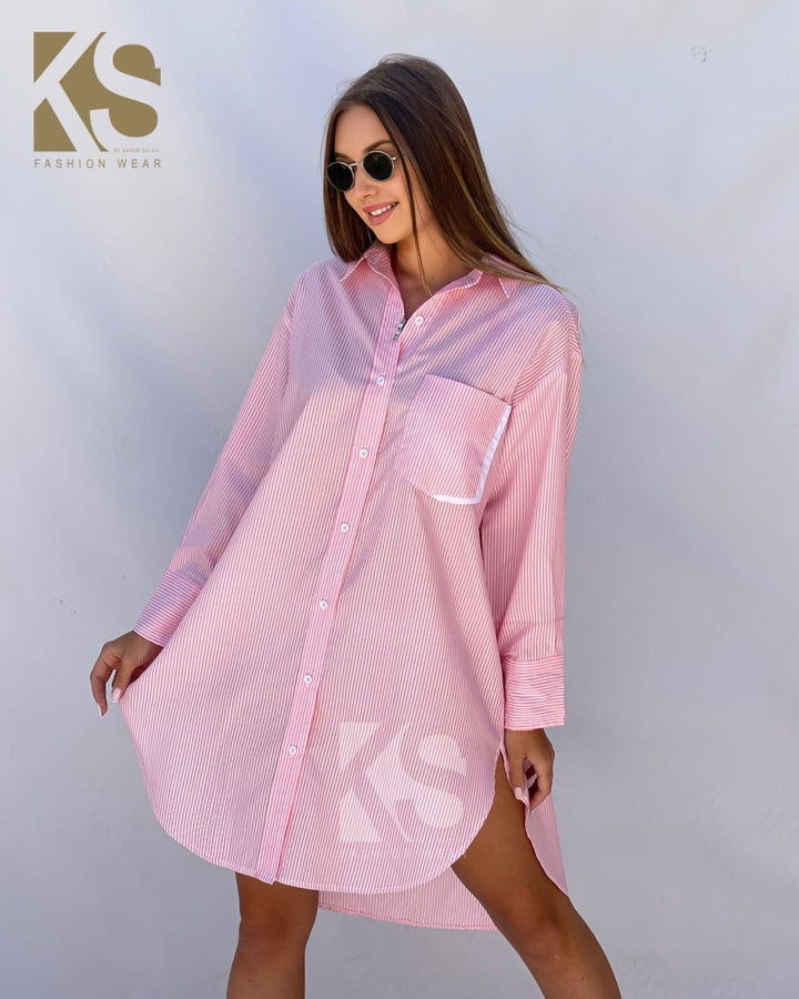 Oversized Striped Shirt Dress - Striped Pink - GIFTSNY.US- KS Fashion Wear