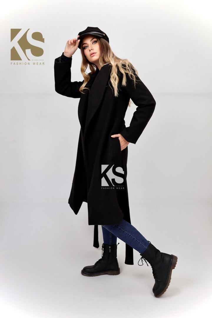 Wrapped Belted Coat - Black - GIFTSNY.US- KS Fashion Wear