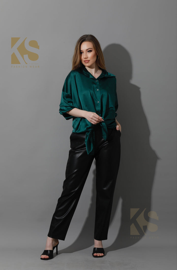 Oversized Satin Blouse - Dark Green - GIFTSNY.US- KS Fashion Wear